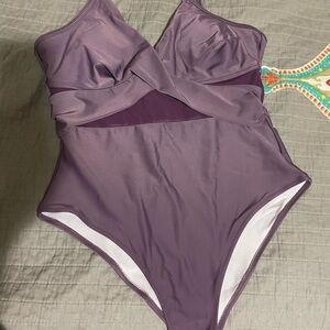 HALARA G-Hook Crossover Contrast Mesh One Piece Swimsuit Large. NWT